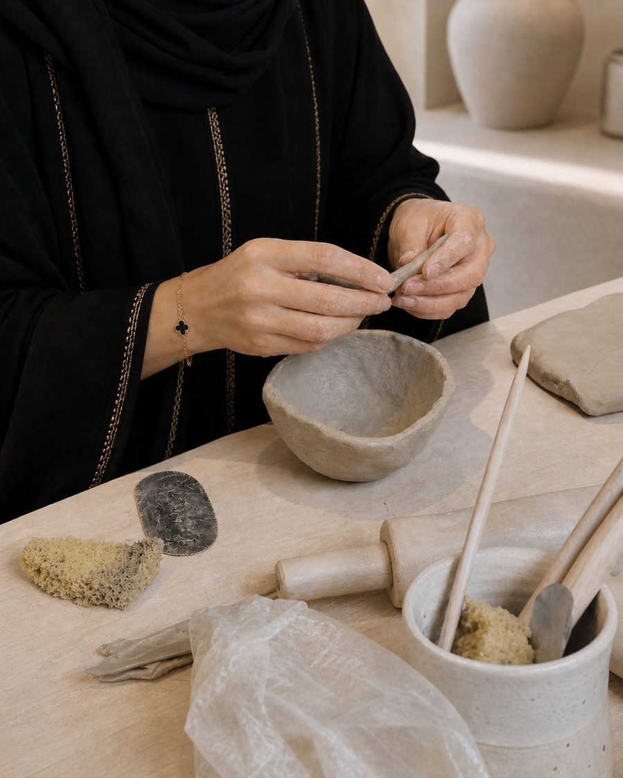 Woman in an abaya hand building a clay bowl at ROA Art studio